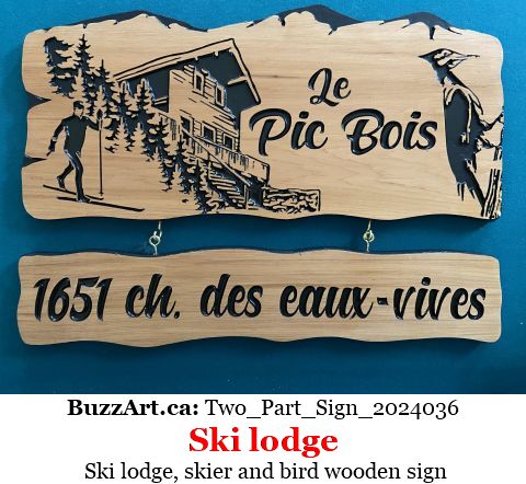 Ski lodge, skier and bird wooden sign